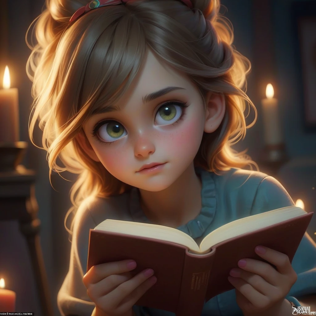 A beautiful girl in a mysterious setting closely shows a closed book so that its cover is visible, against the background of paint strokes and lights shining in the dark,…