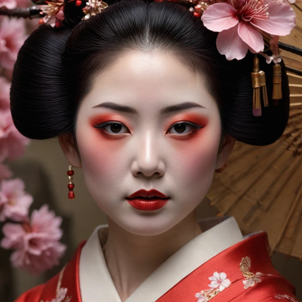 beautiful art portrait of a woman as a geisha, extremely detailed face, japanese culture, sakura on the background, by craig mullins and russ mullis — работа пользователя…