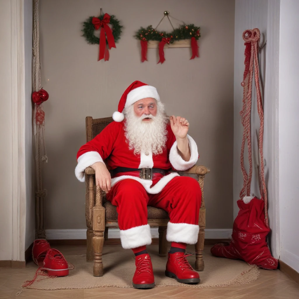Santa Claus is crying, tears, visible in full growth, with red shoes, red pants, red hat, ropes on his hands, sitting in the house on a chair, — работа пользователя…