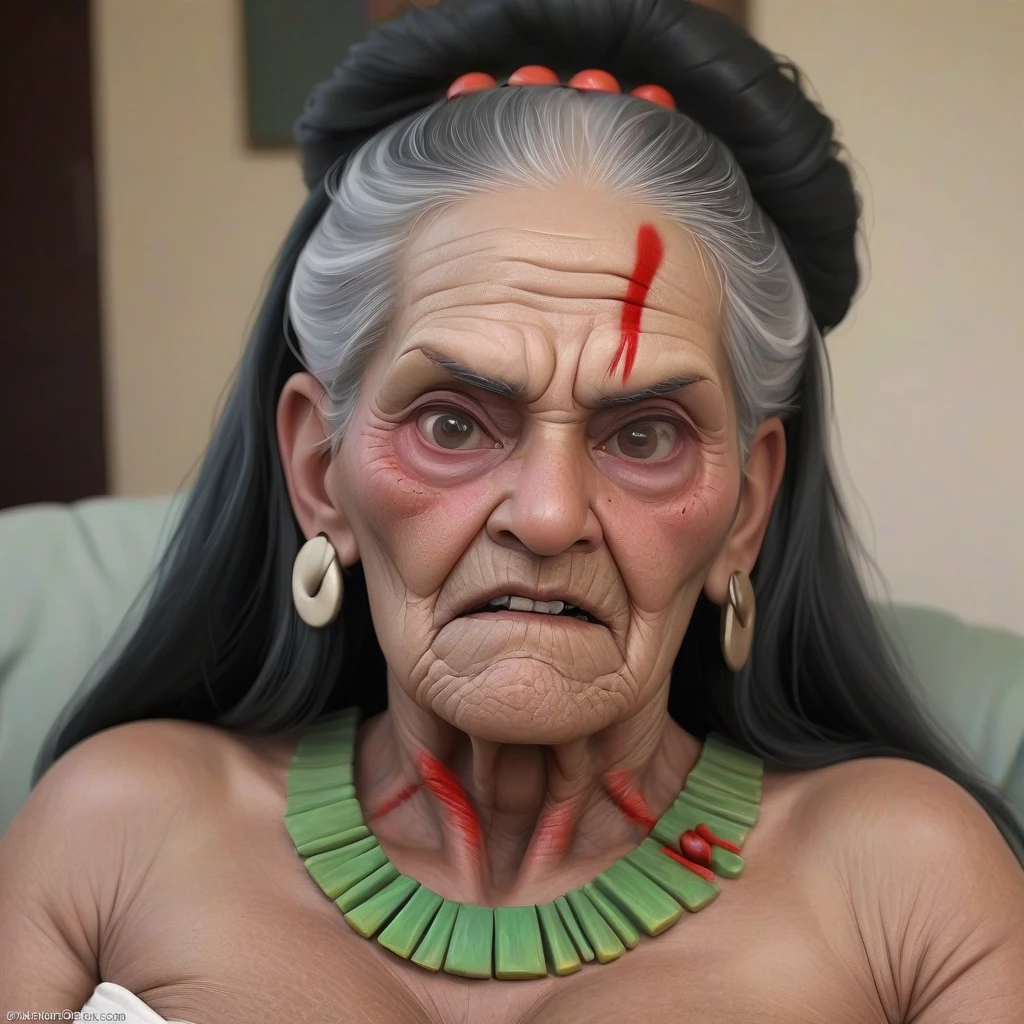 An elderly Mexican woman. She has wrinkles on her face. She holds the smoking pipe and wears a medical gown. She used to be a doctor for many years. Now she is a criminal. Her…