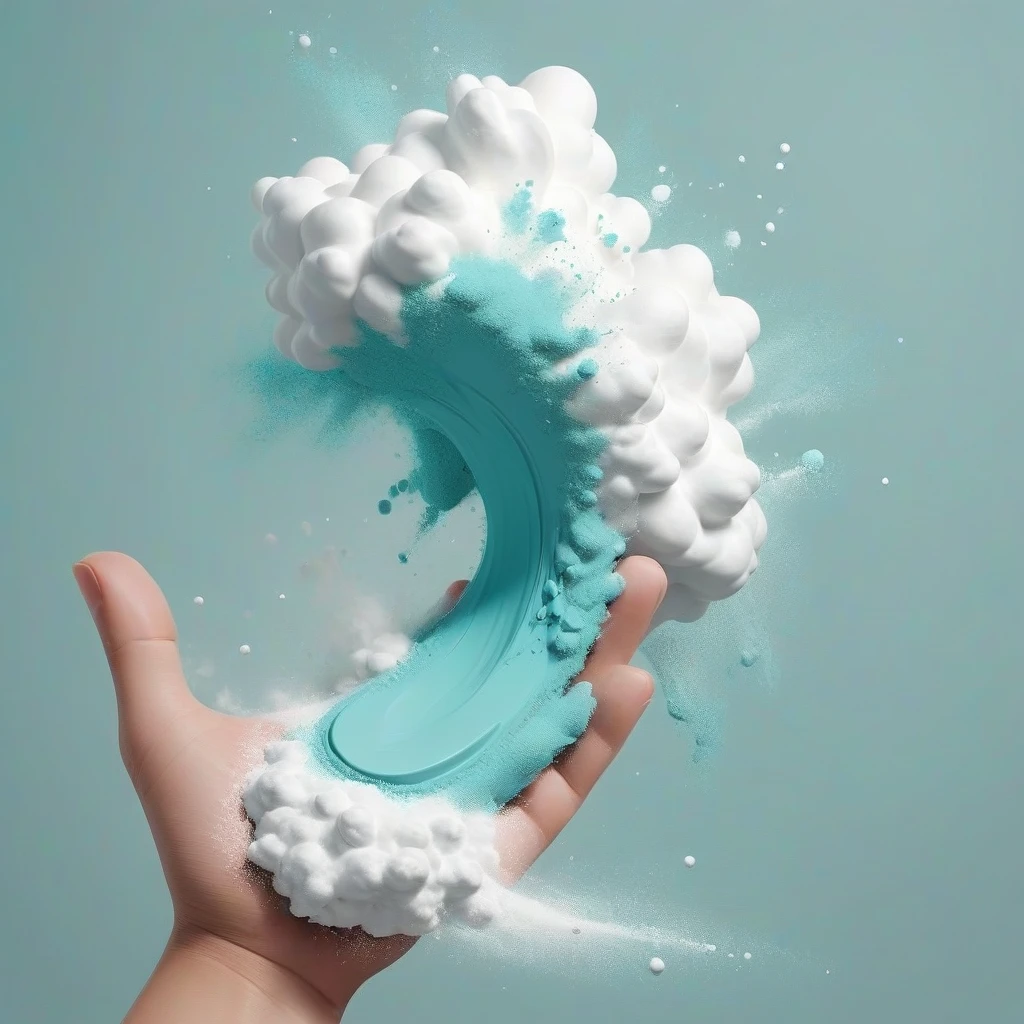слово TALC, написанное бирюзовыми буквами, рассыпается на белый порошок по краям на белом фоне, красиво, завораживающе, привлекательно, с яркими запоминающимися деталями,…