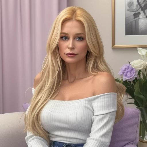 40 years old, long sun-blond hair. Her chest were just over a handful, while her beam was small, in an off-the-shoulder, rib-knit, long-sleeved T-shirt that was violet in color,…