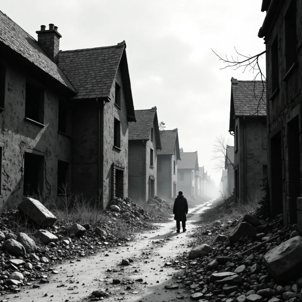.USSR town. ruined buildings. black grey tones. Simon Stålenhag, wayne barlowe, john berkey illustration style. fine art. grimdark, postapocalypse style. sci-fi. monochrome. —…
