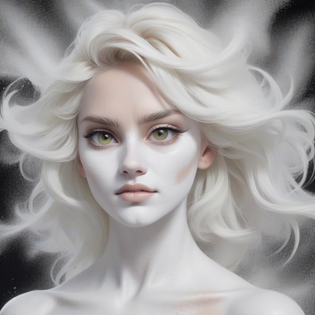 white powder is scattered on a white polished table, from powder a white drawing of a girl's figure with white lips, white eyebrows, white ears, white eyes — работа…