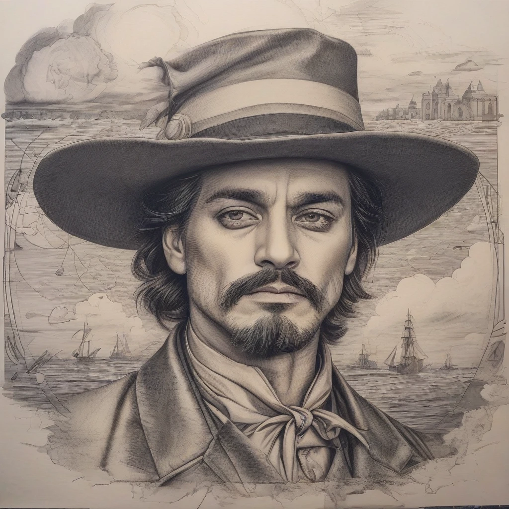 Ink illustration style, on vellum, ink splatters, ink smudges, ink smears, ink strokes, ink, faded ink.Detailed art, portrait of a pirate in the style of heroic painting. The…
