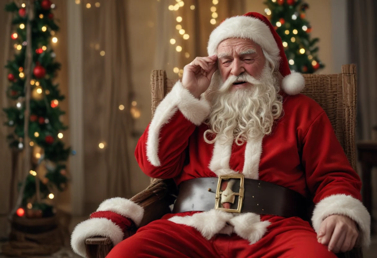 Santa Claus is crying, tears, visible in full growth, ropes on his hands, sitting in the house on a chair, — работа пользователя Непревзойденная Гравитация