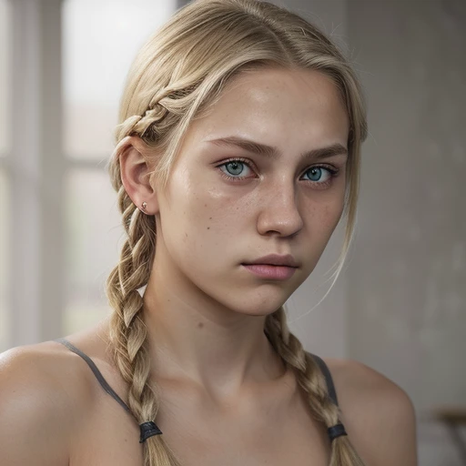 The girl is a fighter. 17-19 years old. Blond short straight hair, braided in a short braid, gray eyes. Photorealism. High quality. Beautiful. A serious look — работа…