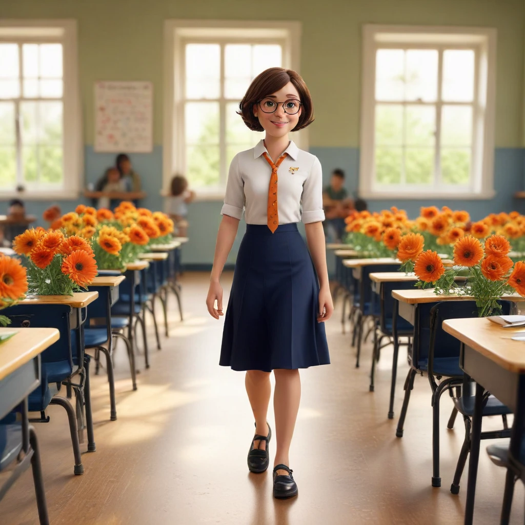 Create a vibrant, 3D cartoon image in the Pixar style, set in a sunlit classroom. Include the following elements: Characters: Three children: two girls and one boy, aged 8-10,…