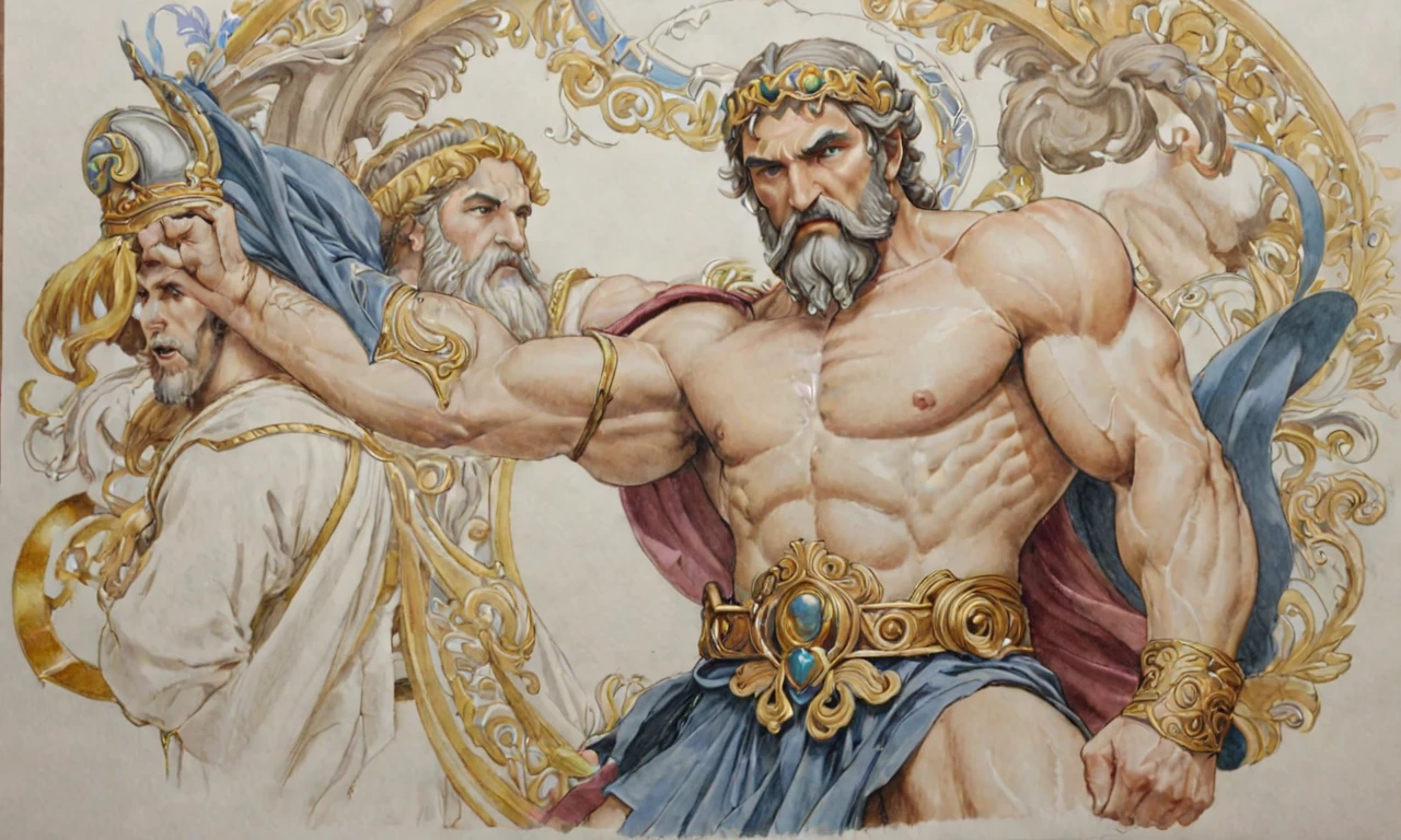 The sketch is unfinished. (Sketch with thin pencil lines: 1,3). Zeus fights the Titans Rich color palette, bright colors intricate and ornate borders, intricate details in the…