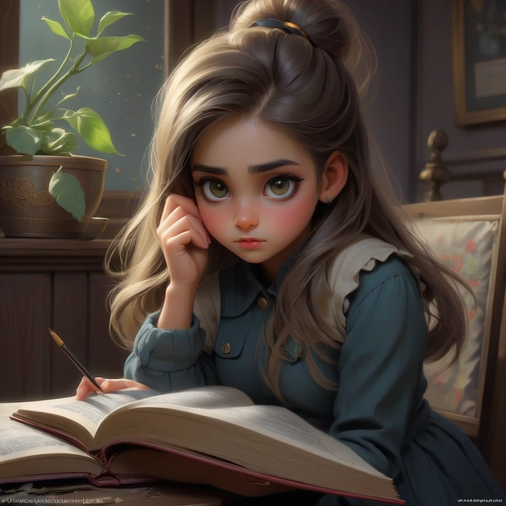 A beautiful girl in a mysterious setting closely shows a closed book so that its cover is visible, against the background of paint strokes and lights shining in the dark,…