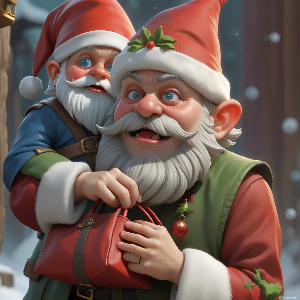 gnome santa claus with a bag of gifts, holding a skull, horror, creepy — работа пользователя Яркий Химик