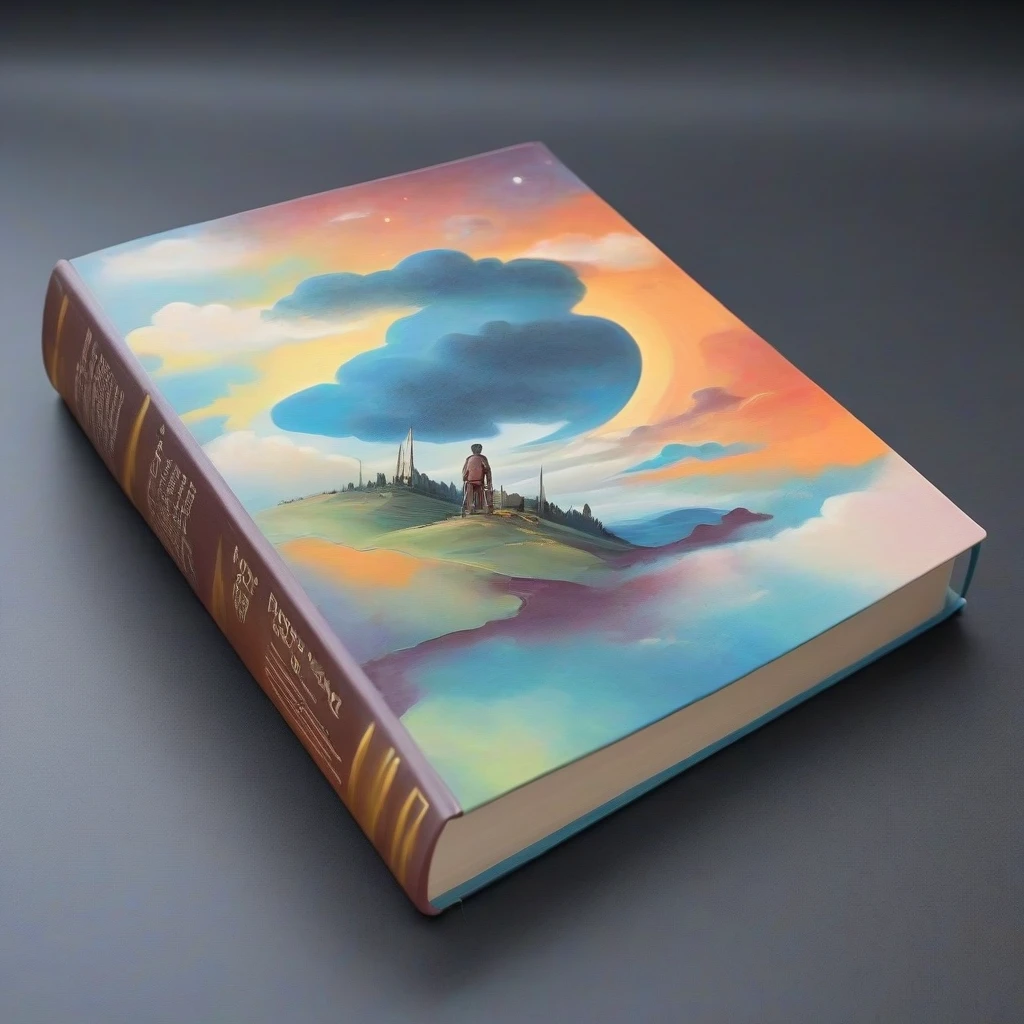 the thin book is closed and the cover is visible, the book radiates radiance, macro photography, against a background of white clouds and sun rays in beige and gold colors —…