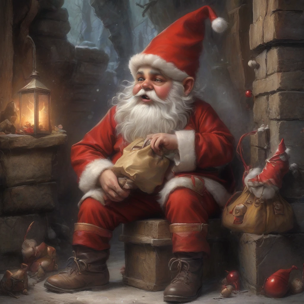 gnome santa claus with a bag of gifts, holding a skull, horror, creepy — работа пользователя Яркий Химик
