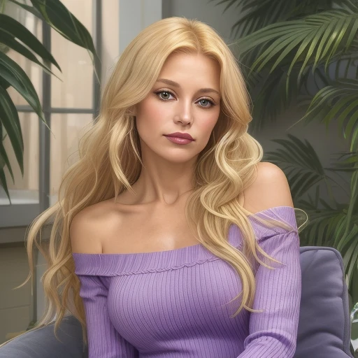 40 years old, long sun-blond hair. Her chest were just over a handful, while her beam was small, in an off-the-shoulder, rib-knit, long-sleeved T-shirt that was violet in color,…