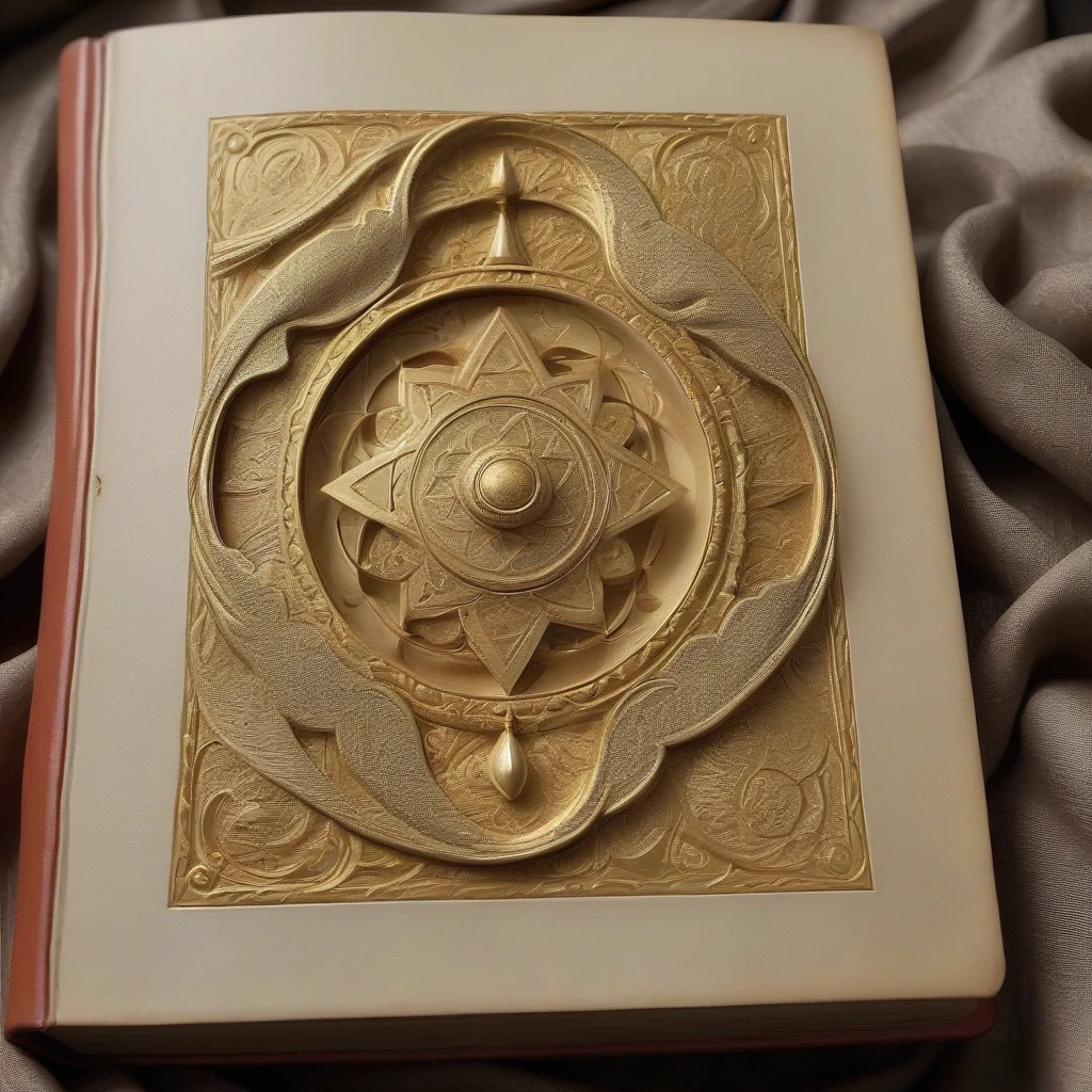 a majestic, leather-bound book with ornate, gold-foiled letters embossed on its cover, lies closed and slightly folded, exuding a warm, ethereal glow that illuminates the…