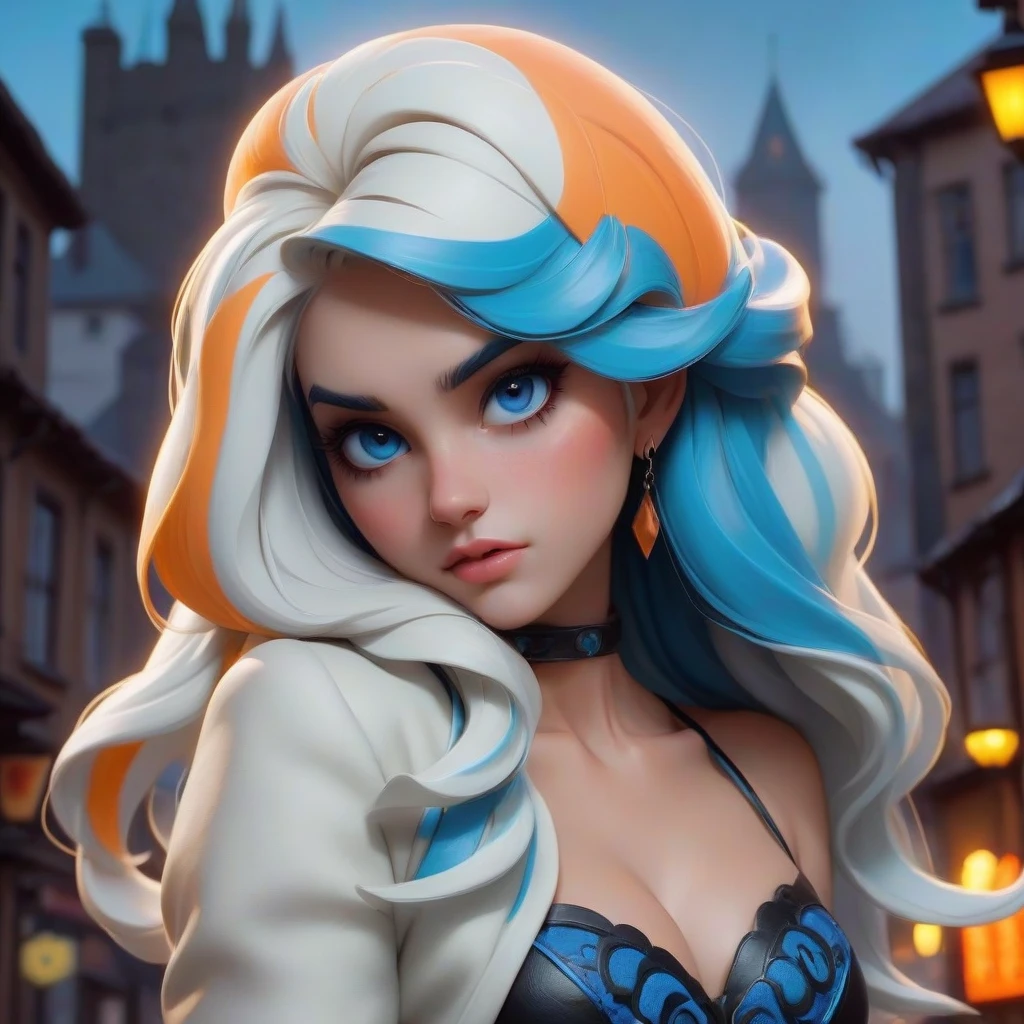 The image is a digital fantasy artwork featuring two characters on a cobblestone street. The layout is vertical, with the focus on the two half-turned figures in the foreground.…
