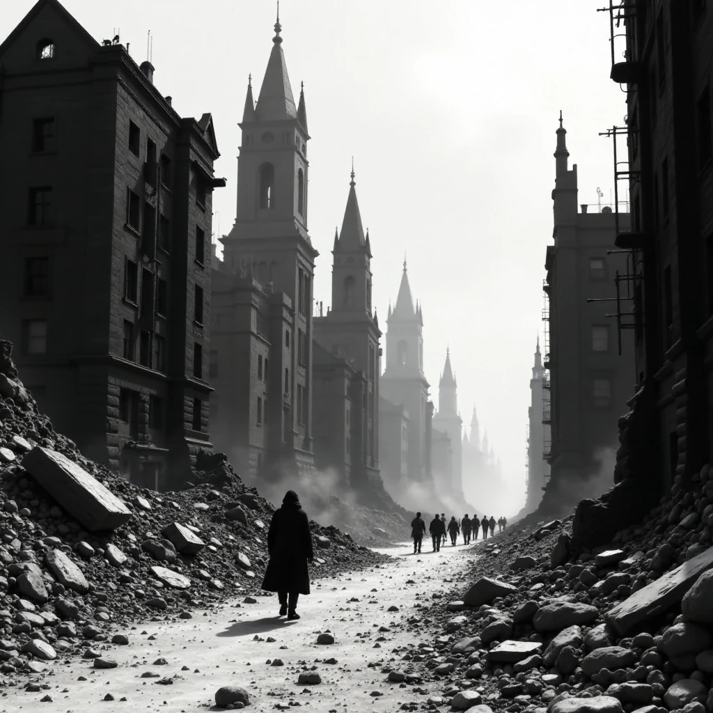 .USSR town. ruined futuristic buildings. black grey tones. Simon Stålenhag, wayne barlowe, john berkey illustration style. fine art. grimdark, postapocalypse style. sci-fi.…