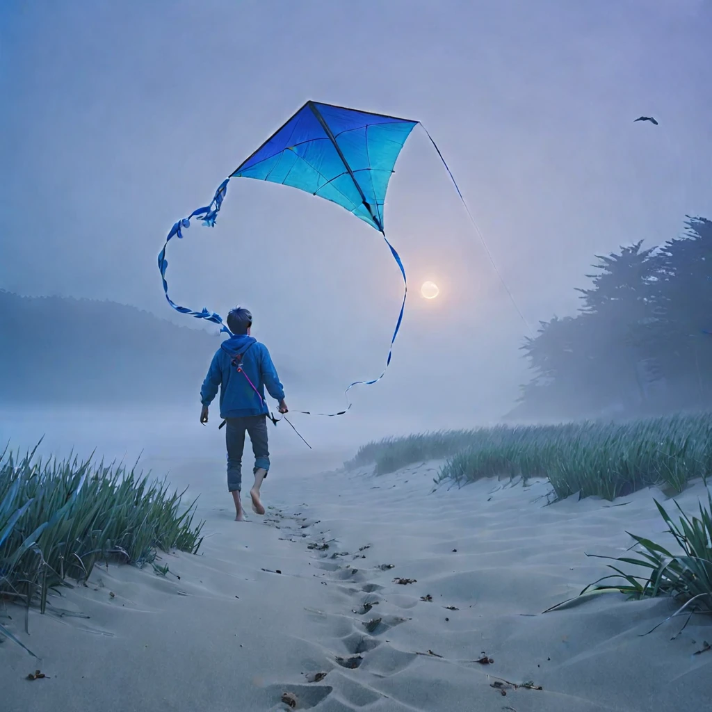 a man flying a kite on top of a beach, fog. 3 d, freezing blue skin, in glitchart jared forest, predawn, overgrowth of grass, deblur, walks down dark hallway, in the middle of a…