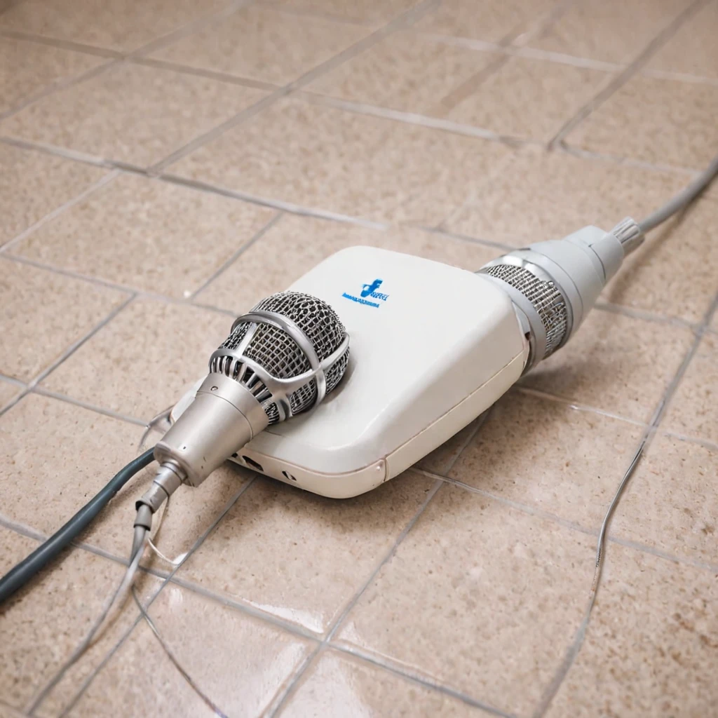 an ordinary microphone with a wire lying on the tile in a hospital room, in a graphic style — работа пользователя Быстрая Оптика