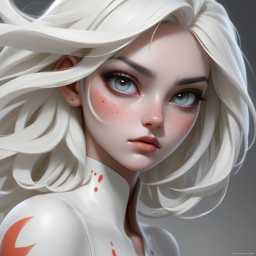 white powder is scattered on a white polished table, from powder a white drawing of a girl's figure with white lips, white eyebrows, white ears, white eyes, beautiful,…