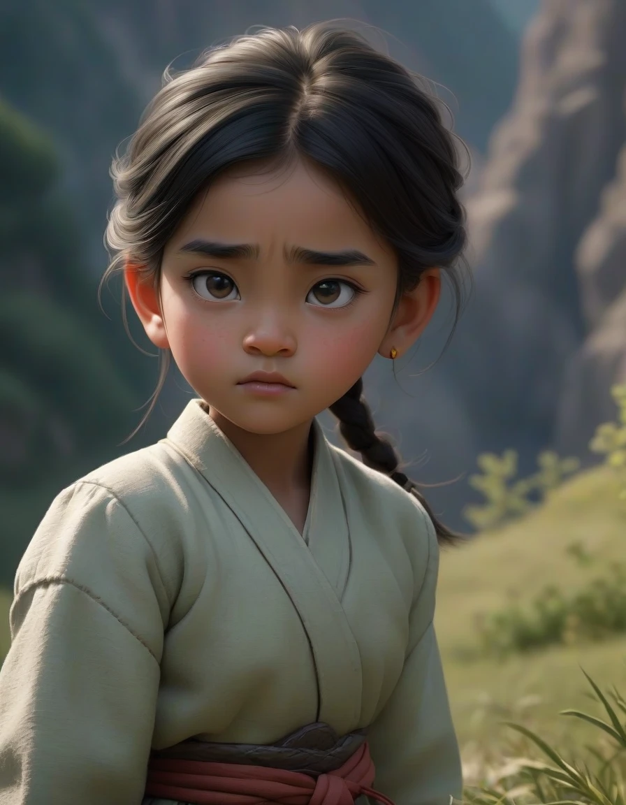 A still from the movie, with a grainy, low-contrast quality. A cute little girl next to her black panther , looking at each other with deep affection. The scene is set in…