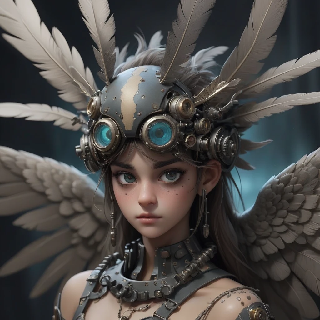 A tense mechanical falcon perched atop a rusted metal beam, its glowing red eyes fixed in an intense stare. The intricate components of its clockwork body shimmer in the dim…
