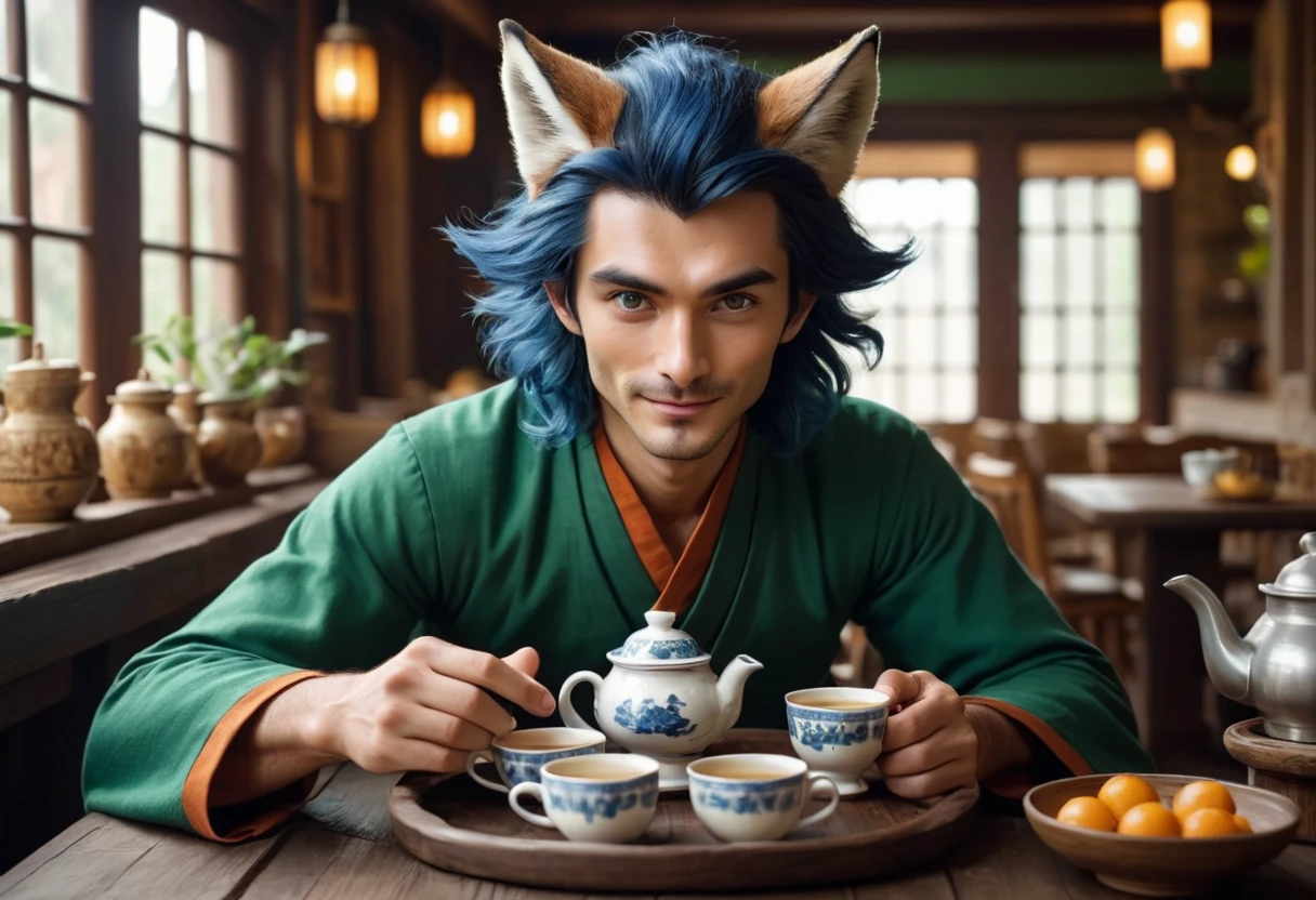 (1cunning man, human face)++, slim, in action+, looking at camera, striangle face, neat dark blue hair, green eyes, cunning and greedy sight, tricky smile, traditional green…