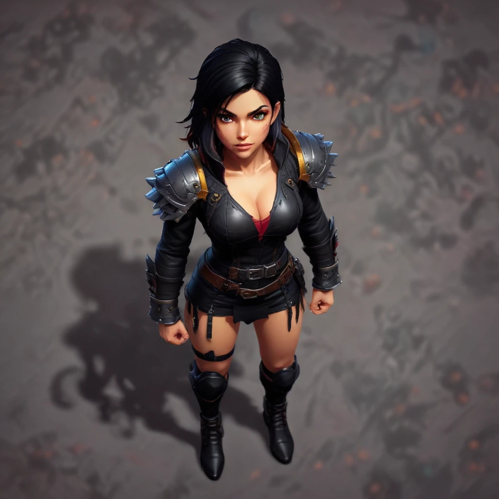 Top down RPG game, pixel art style, female character in a black leather battle dress with deep neckline, small character, vibrant colors, fantasy environment, action pose, game…