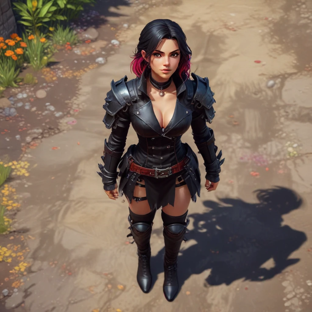 Top down RPG game, pixel art style, female character in a black leather battle dress with deep neckline, small character, vibrant colors, fantasy environment, action pose, game…
