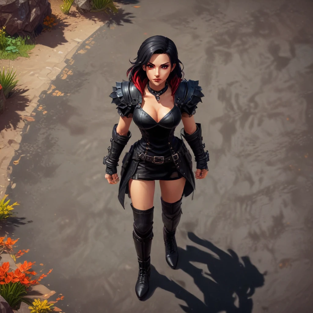 Top down RPG game, pixel art style, female character in a black leather battle dress with deep neckline, small character, vibrant colors, fantasy environment, action pose, game…