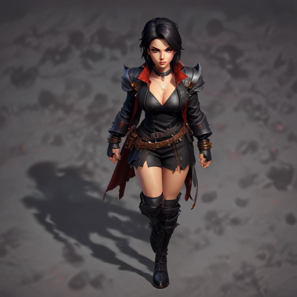 Top down RPG game, pixel art style, female character in a black leather battle dress with deep neckline, small character, vibrant colors, fantasy environment, action pose, game…