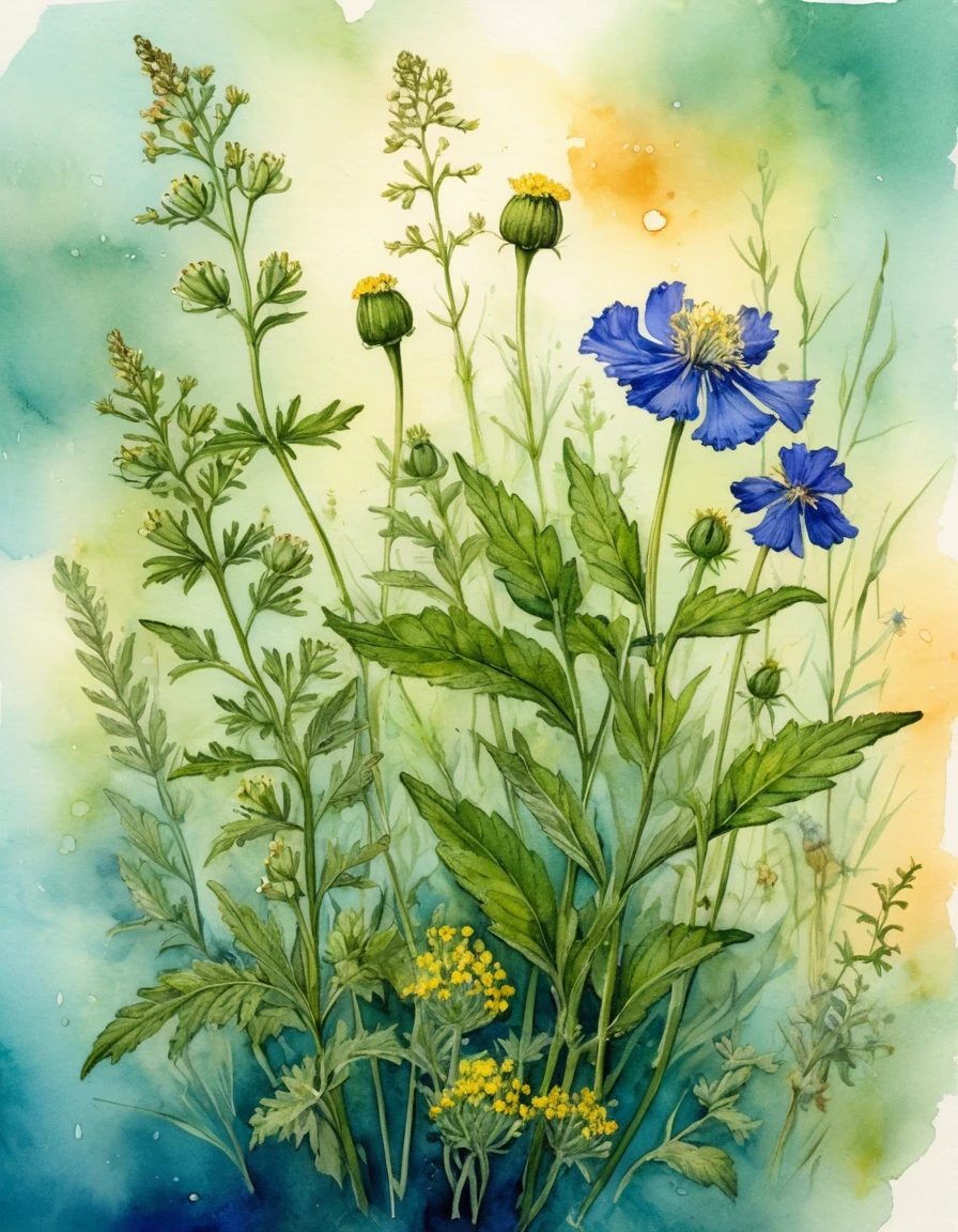 botanical drawing, delicate, complex and beautifully assembled composition, masterpiece, 4k delicate wild flowers and herbs ((yarrow, St. John's wort, mint, Bellflower,…