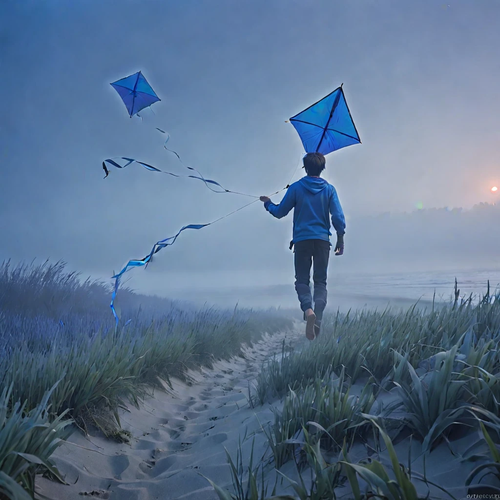 a man flying a kite on top of a beach, fog. 3 d, freezing blue skin, in glitchart jared forest, predawn, overgrowth of grass, deblur, walks down dark hallway, in the middle of a…