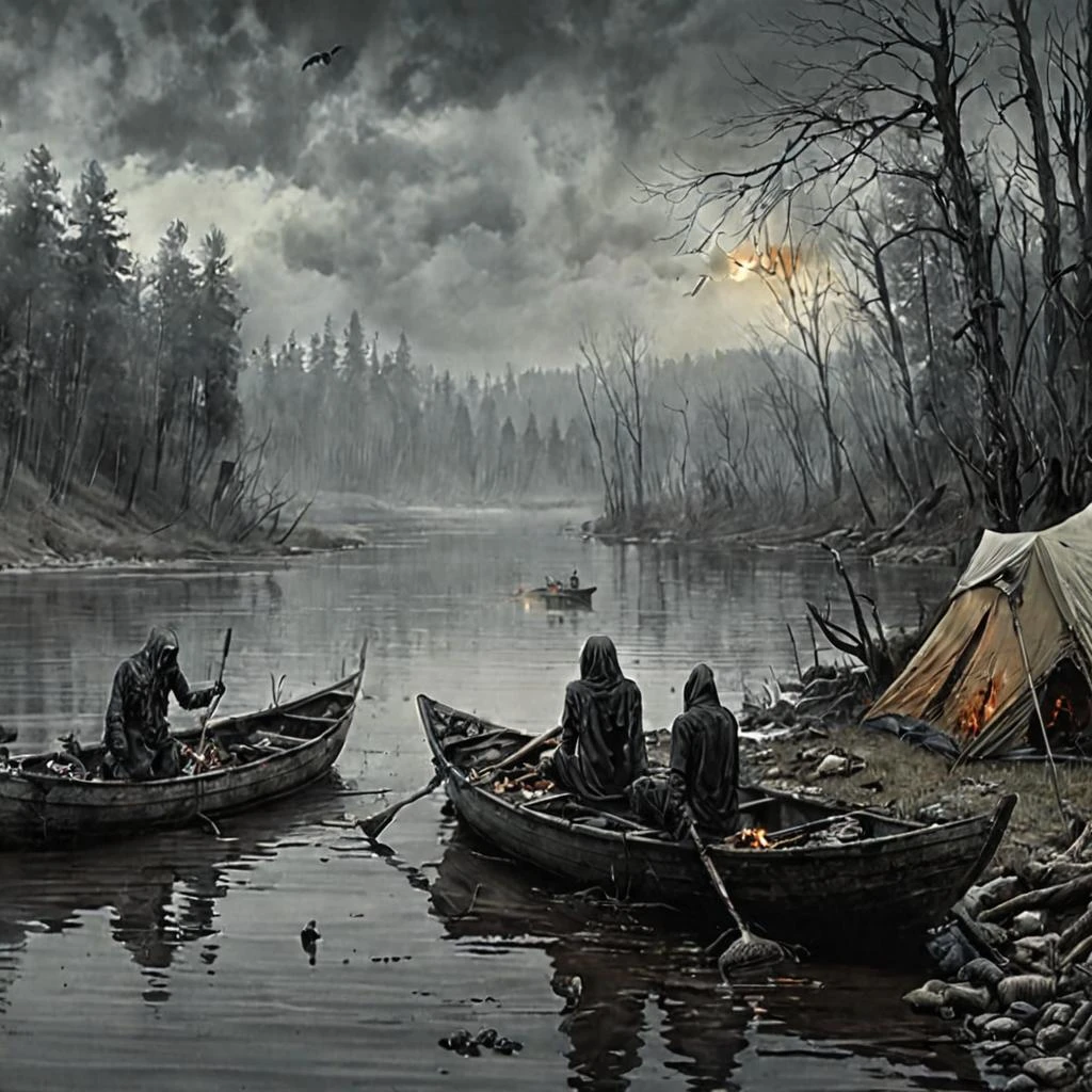Young people, tourists, relax by the campfire on the river. They play the guitar. A boat and tents are in the background. It's a beautiful drawing. lots of details,…