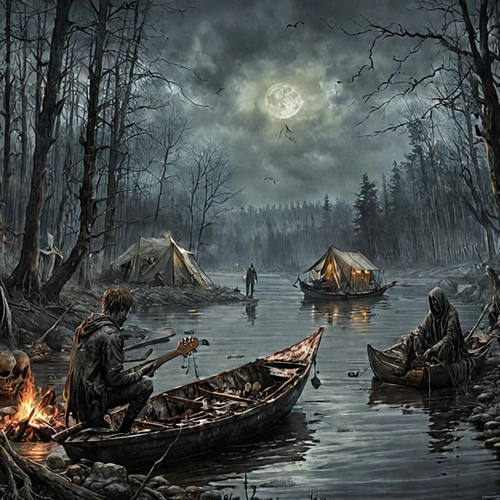 Young people, tourists, relax by the campfire on the river. They play the guitar. A boat and tents are in the background. It's a beautiful drawing. lots of details,…