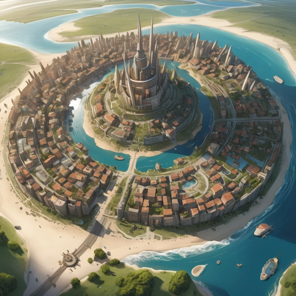 Основная сцена: A majestic spiral city-island, aerial view, intricate map style. The city is built on a conical mountain, surrounded by a vast, flat sandy coastal plain. The…