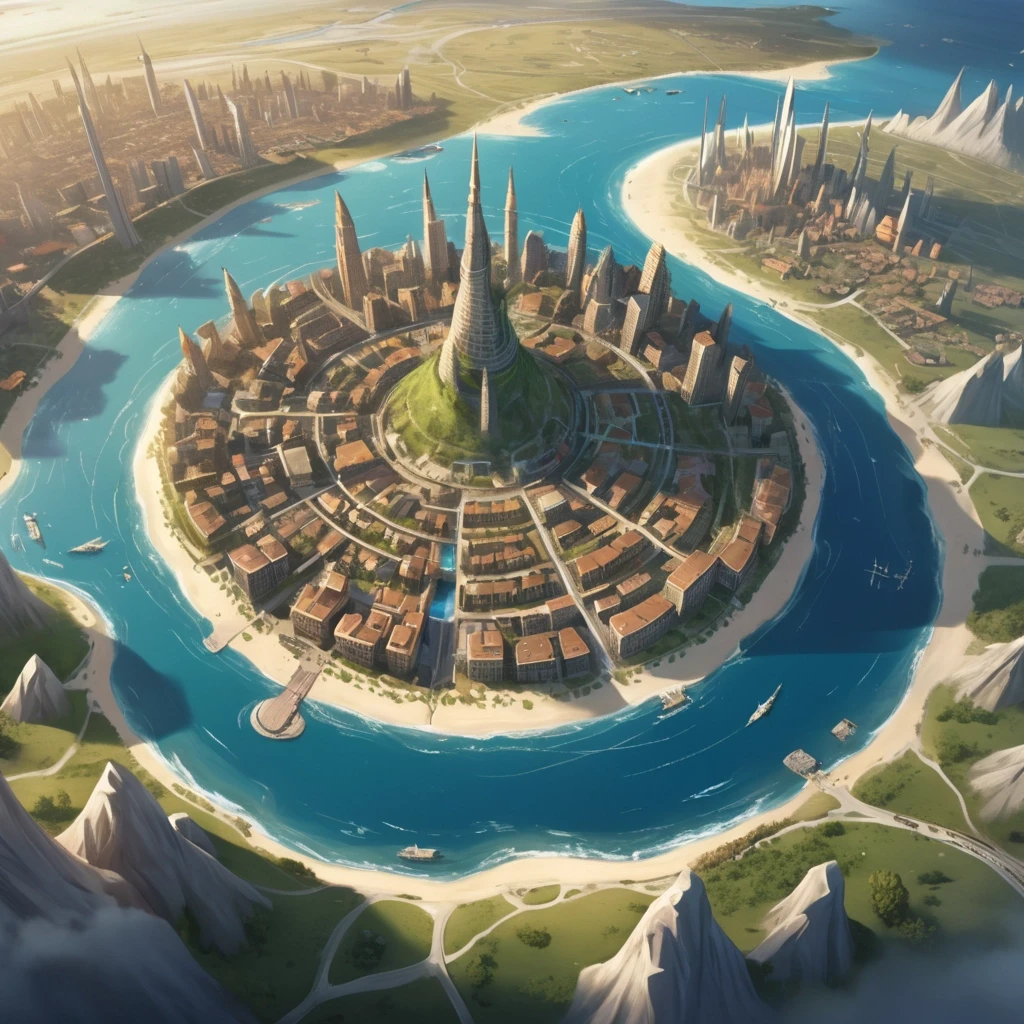 Основная сцена: A majestic spiral city-island, aerial view, intricate map style. The city is built on a conical mountain, surrounded by a vast, flat sandy coastal plain. The…