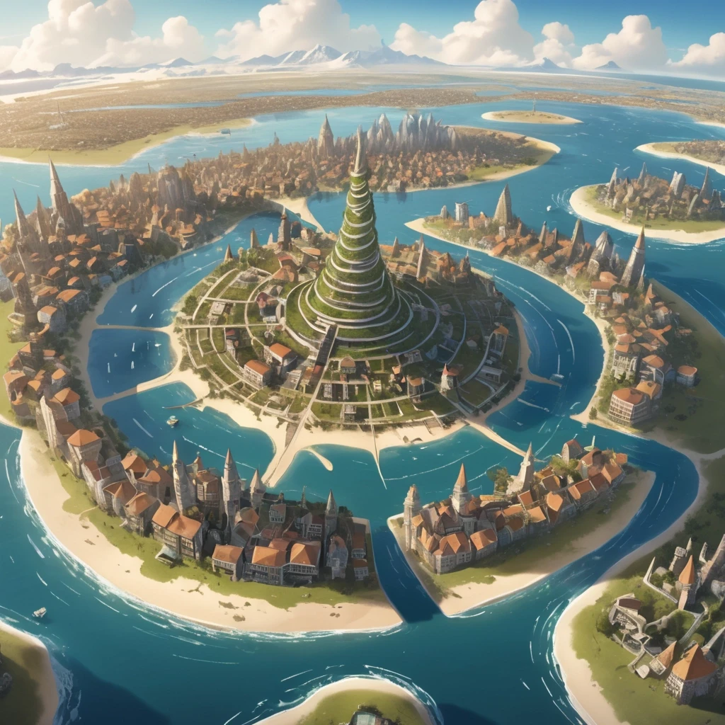 Основная сцена: A majestic spiral city-island, aerial view, intricate map style. The city is built on a conical mountain, surrounded by a vast, flat sandy coastal plain. The…