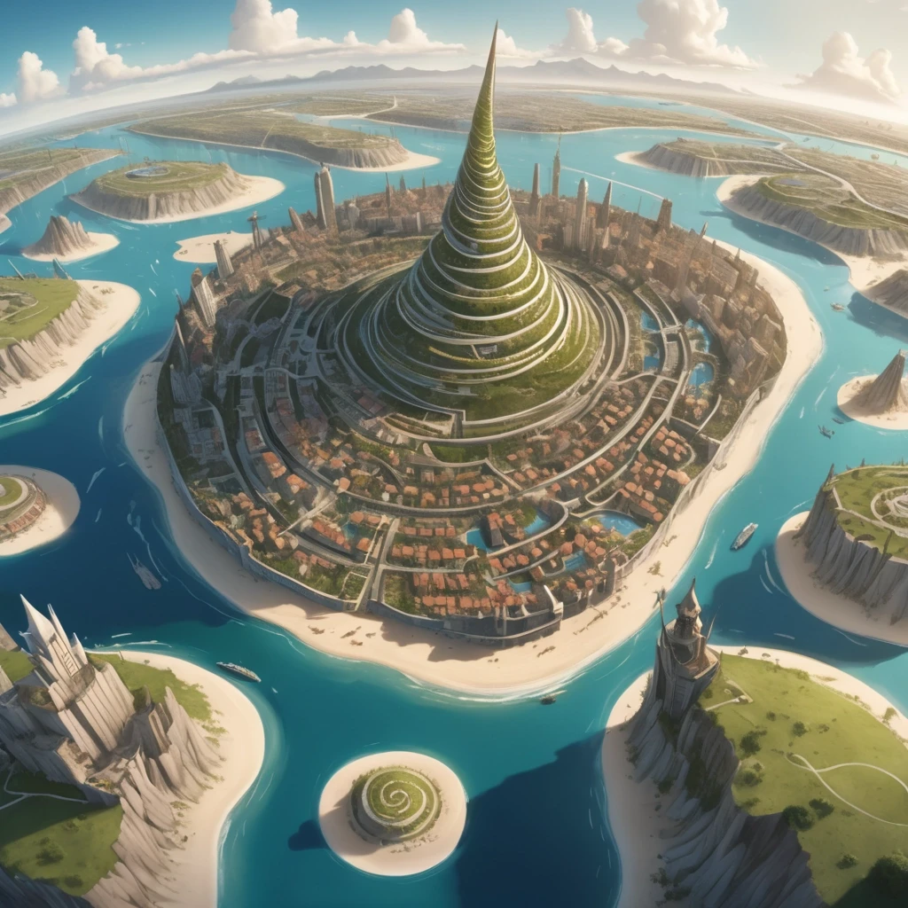 Основная сцена: A majestic spiral city-island, aerial view, intricate map style. The city is built on a conical mountain, surrounded by a vast, flat sandy coastal plain. The…