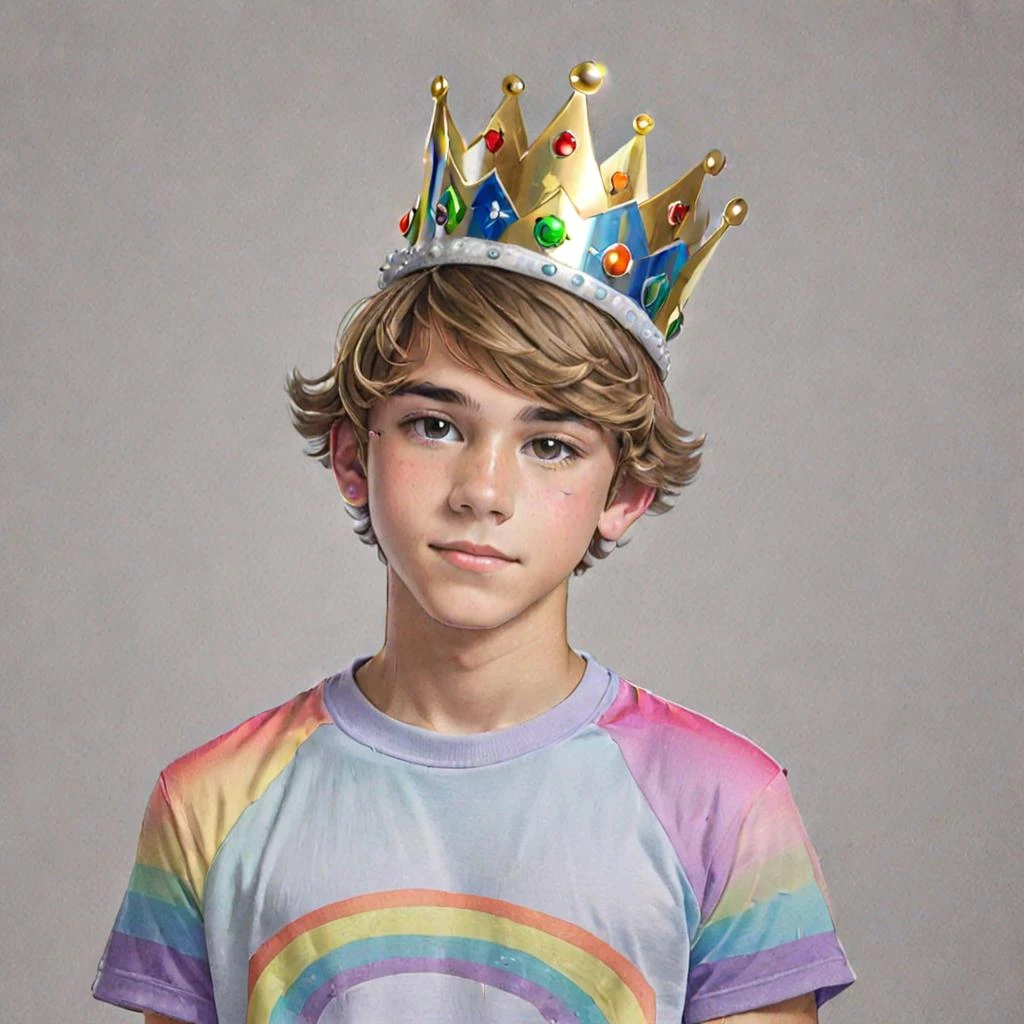Drawing of a teenage boy with a crown in a rainbow T-shirt — работа пользователя Ваш Милый Бог Всевышний
