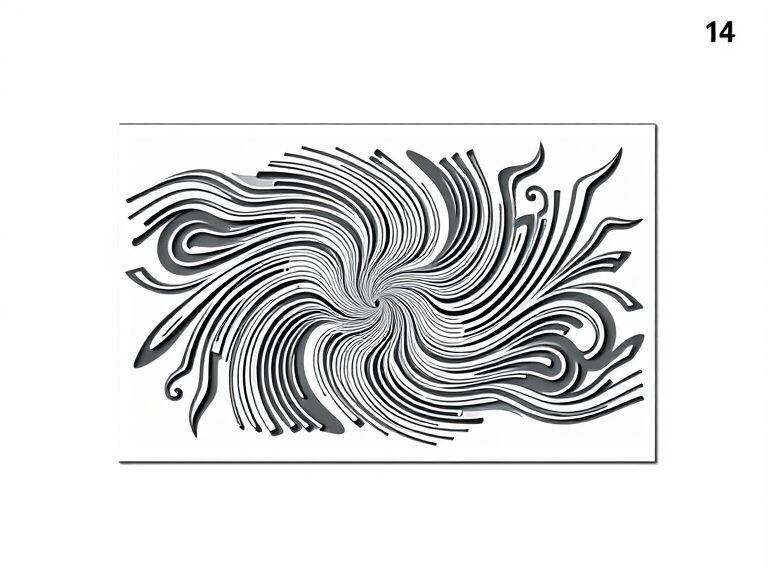 Generate a single, continuous line art stencil for 3D printing. The design must be a unified, connected pattern within a rectangular border, representing abstract speed and…