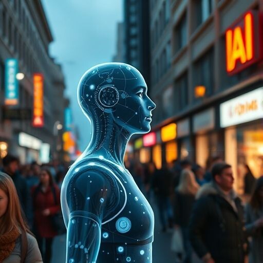 Реалистичное фото, искусственный интеллект в виде полупрозрачной голографической фигуры из светящихся данных и кода, гармонично существующей среди толпы людей на оживленной…