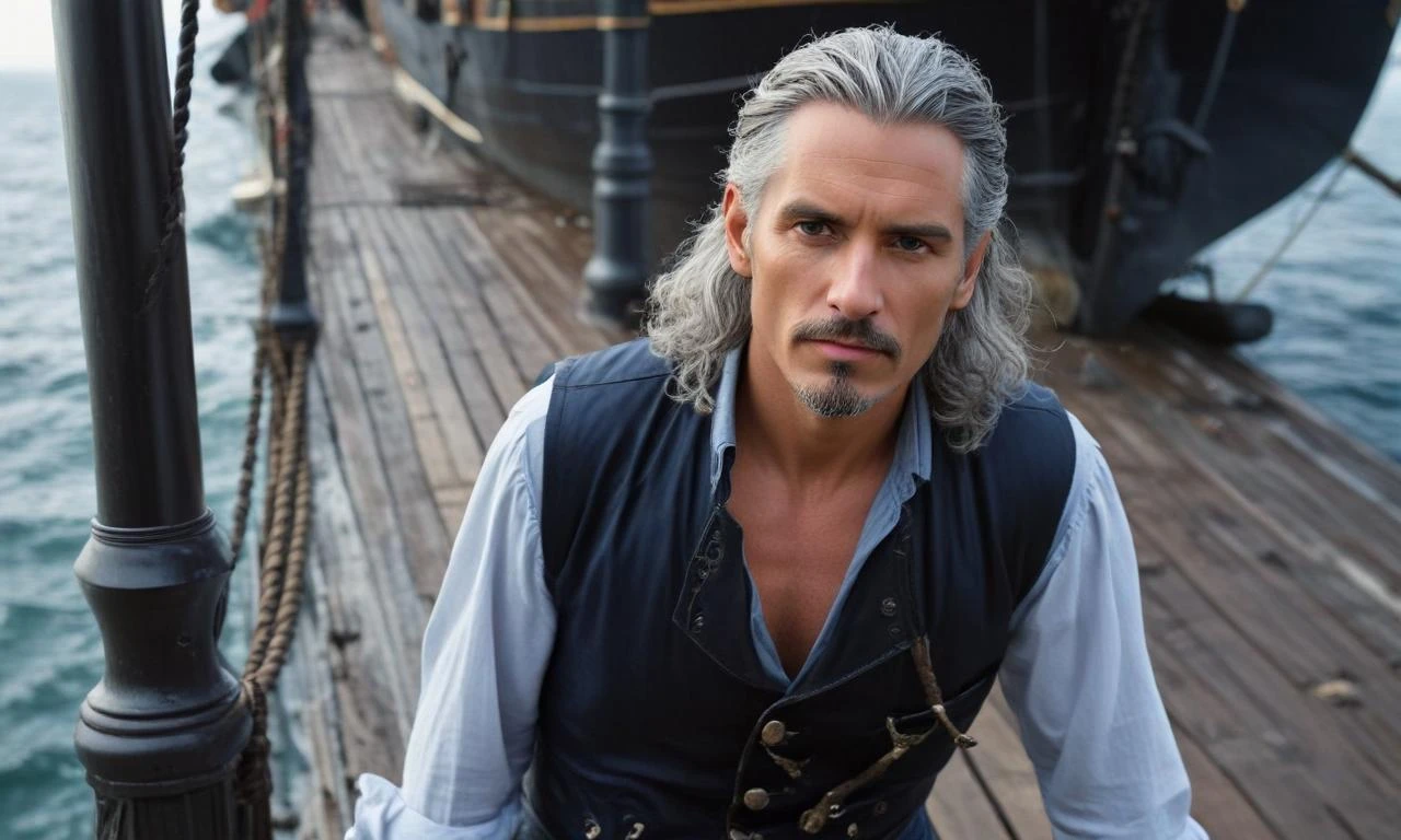 A daring pirate man slim-built aged 35 to 40, brunette with noble gray hair at the temples, standing near the ship's railing, dressed in a dark blue silk shirt and black…