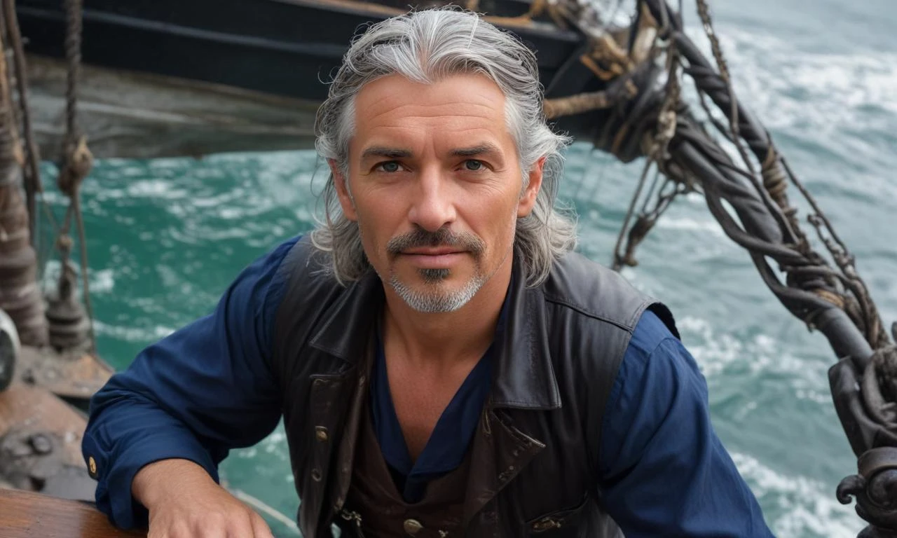 A daring pirate man slim-built aged 35 to 40, brunette with noble gray hair at the temples, standing near the ship's railing, dressed in a dark blue silk shirt and black…