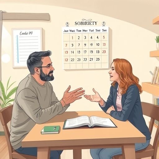 реалистичная иллюстрация сцены в дневном светe, мужчина и женщина сидят за кухонным столом в уютной гостиной, атмосфера поддержки и доверия. На столе лежит дневник трезвости и…