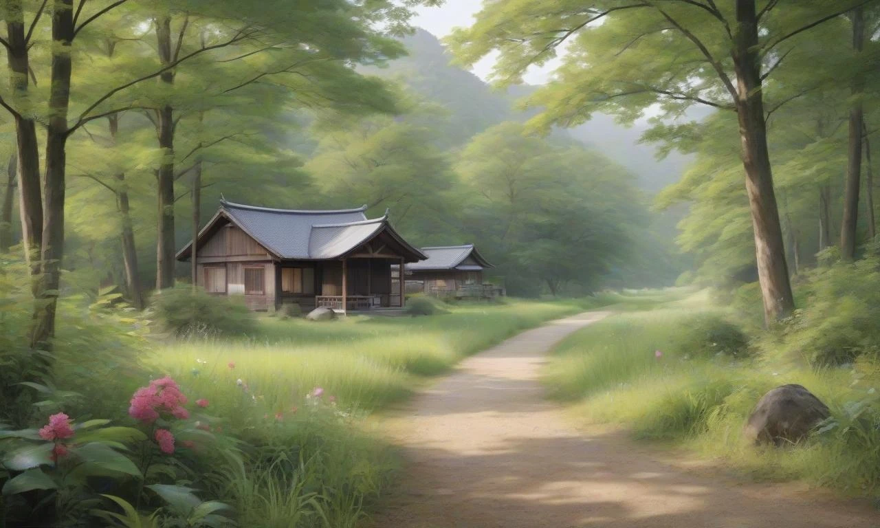 (Photorealism:1.5) Early summer, japan country landscape in morning light, fairytale atmosphere — работа пользователя Неземная Песня
