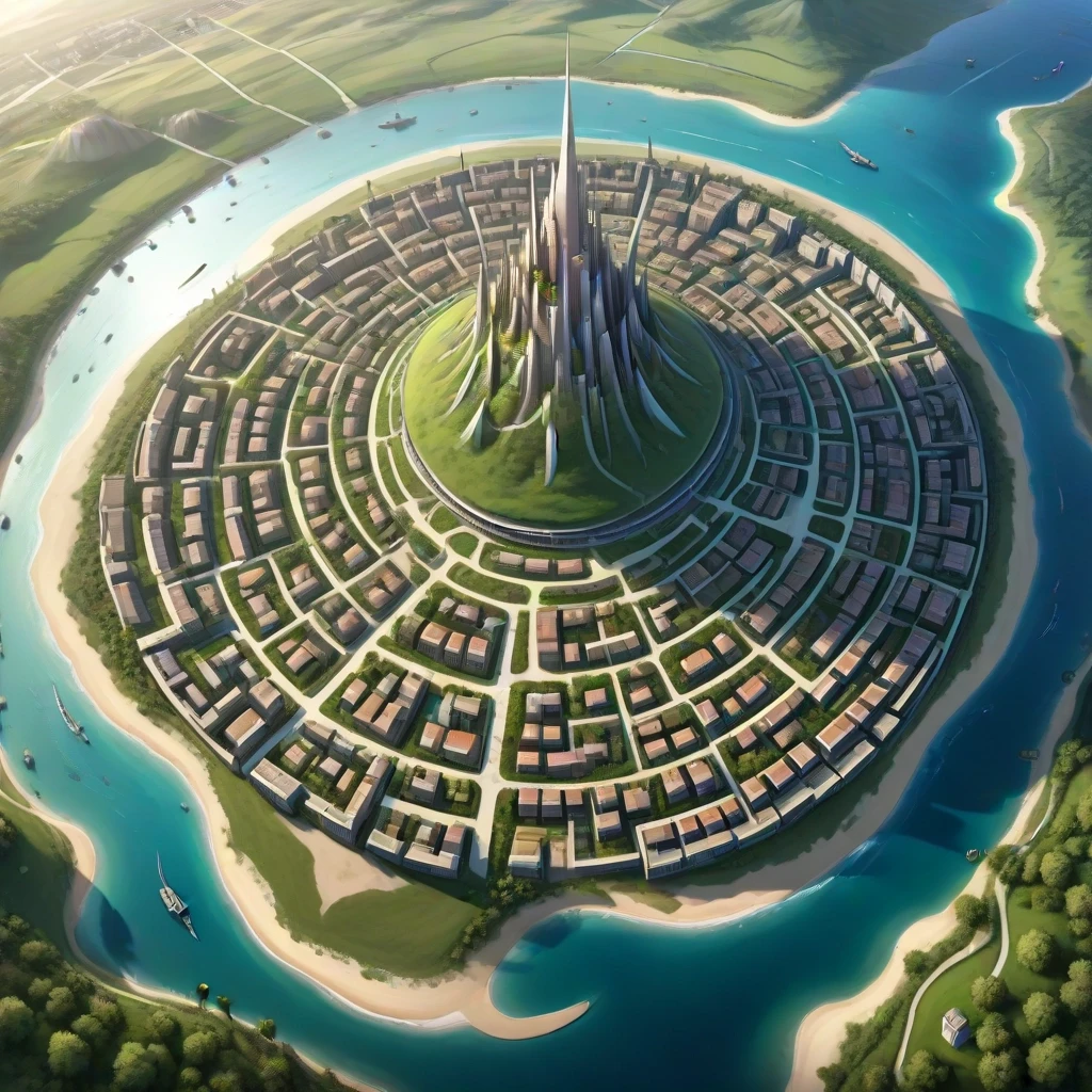 Основная сцена: A majestic spiral city-island, aerial view, intricate map style. The city is built on a conical mountain, surrounded by a vast, flat sandy coastal plain. The…