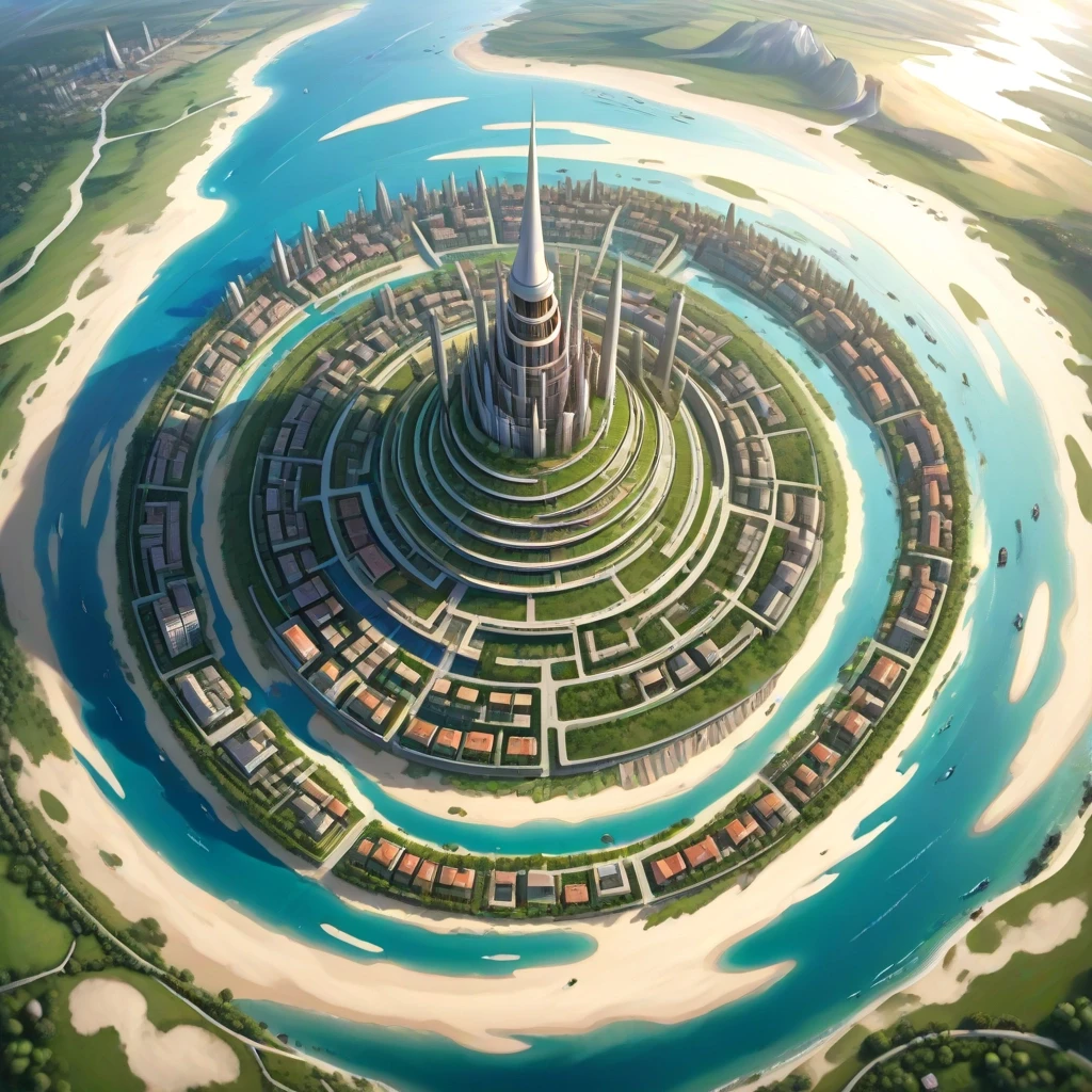 Основная сцена: A majestic spiral city-island, aerial view, intricate map style. The city is built on a conical mountain, surrounded by a vast, flat sandy coastal plain. The…
