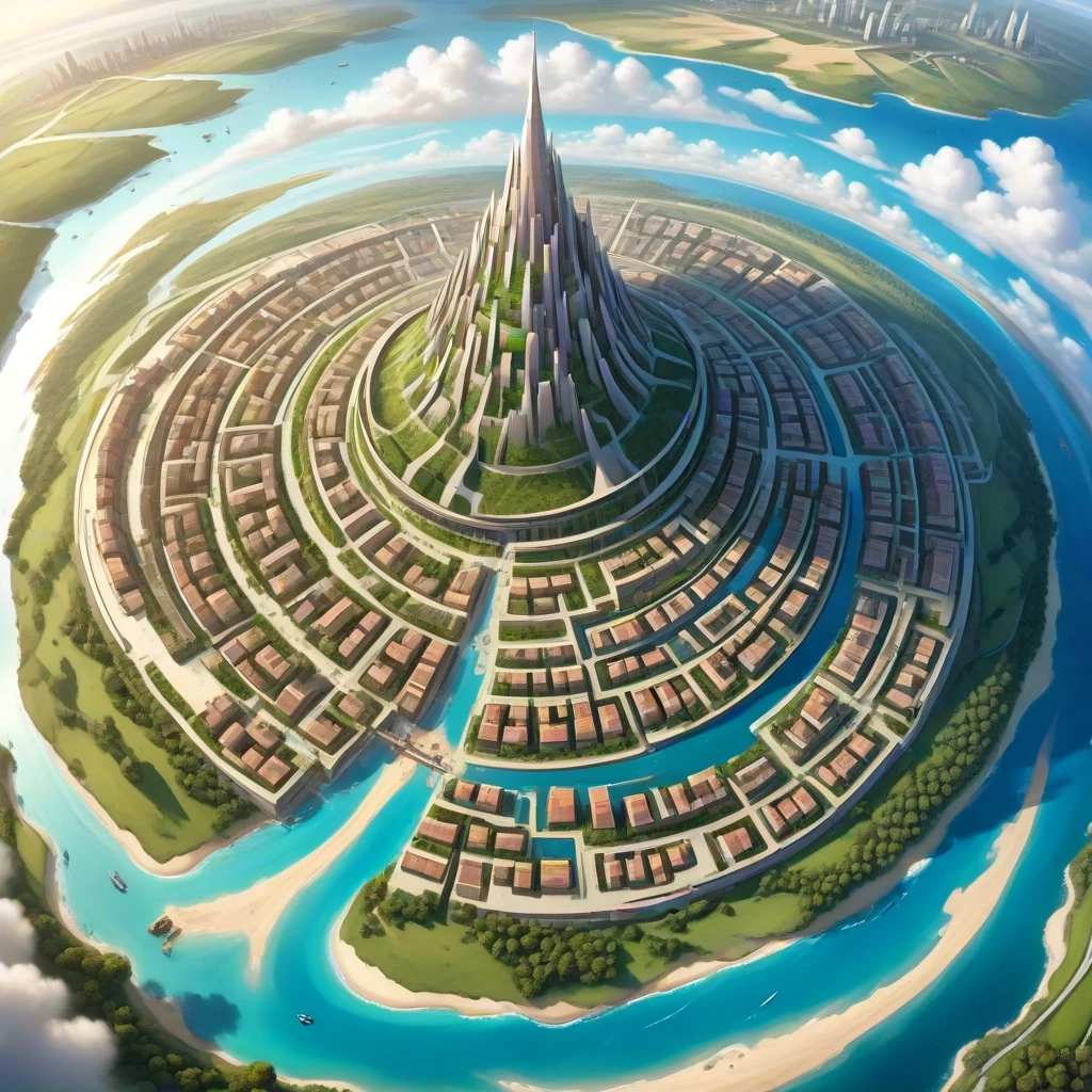 Основная сцена: A majestic spiral city-island, aerial view, intricate map style. The city is built on a conical mountain, surrounded by a vast, flat sandy coastal plain. The…
