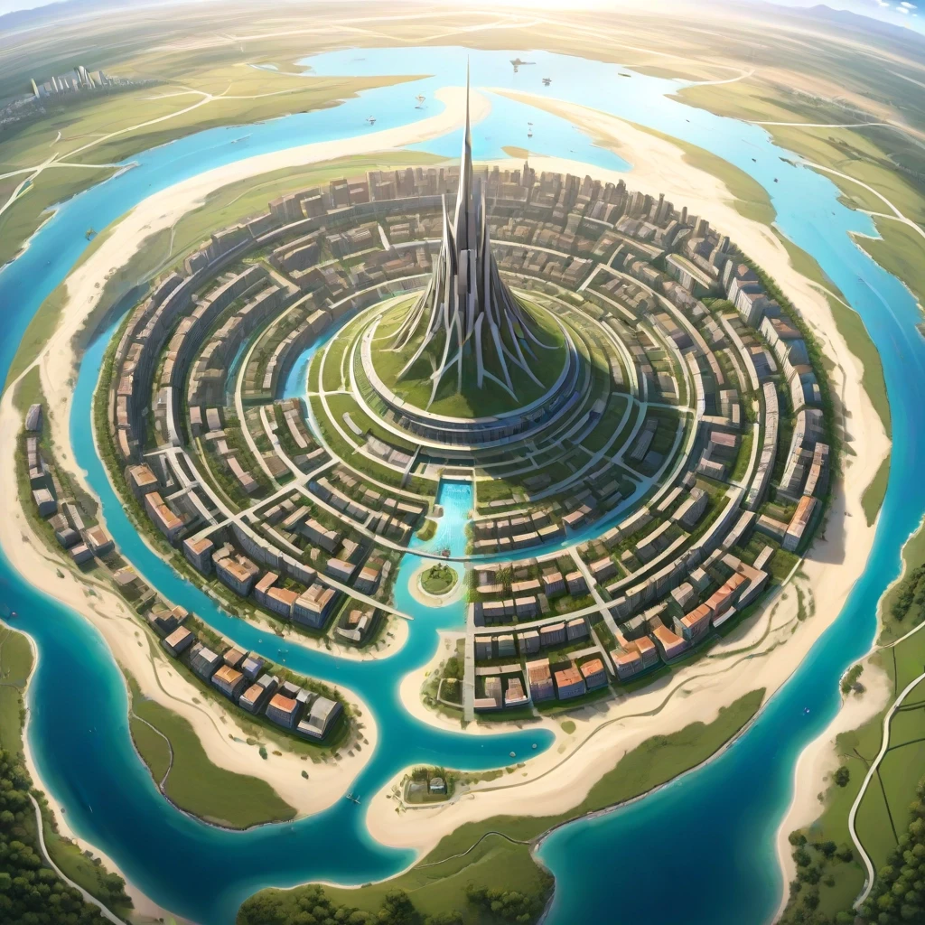 Основная сцена: A majestic spiral city-island, aerial view, intricate map style. The city is built on a conical mountain, surrounded by a vast, flat sandy coastal plain. The…